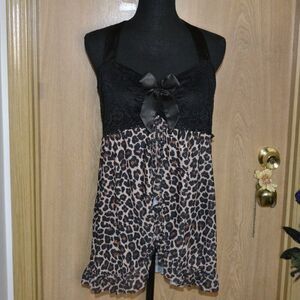 AvidLove Leopard Fierce Dark Sexy Black Lace Bow Lingerie Halter Split Front Top